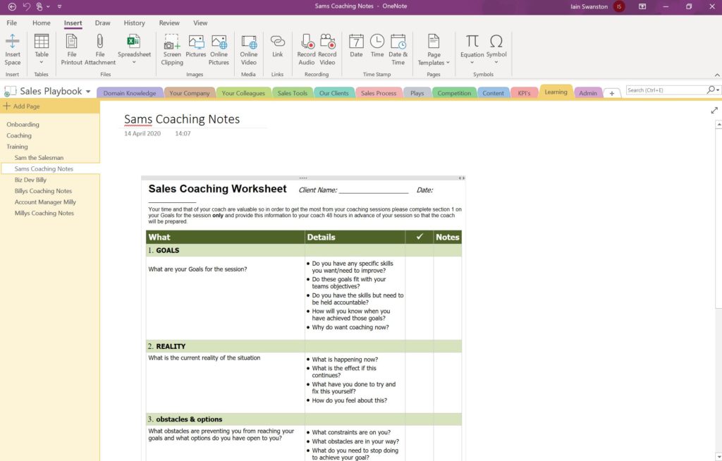 Utilização do OneNote para Gestão de Vendas - Notas de Coaching