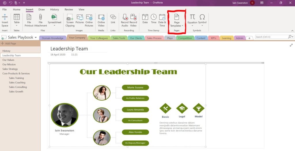 Verwendung von OneNote für das Vertriebsmanagement - Seitenvorlagen